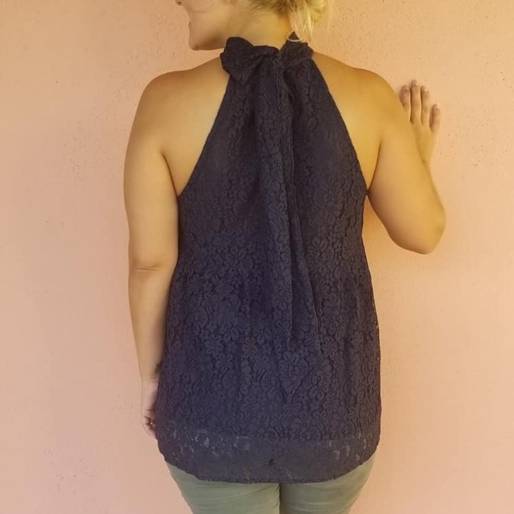 Entro Navy Lace Babydoll Halter Blouse- Sm & Med